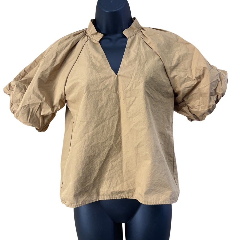 THML Blouse Womens XS Camel Tan Puff Sleeve V-Neck Stand Collar Top Contemporary